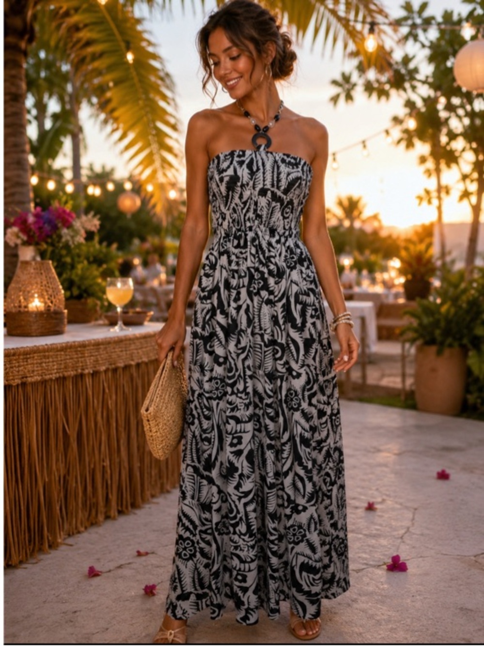 Black White Tropical Print Strapless Maxi Dress Smocked Resort Vacation Boho